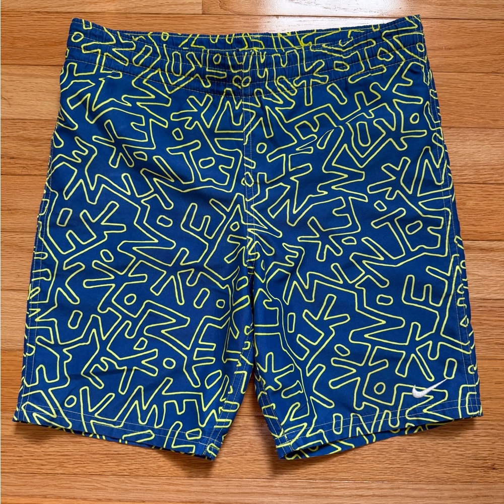Nike Boys Blue Swim Trunks with Neon Yellow Scribble Print